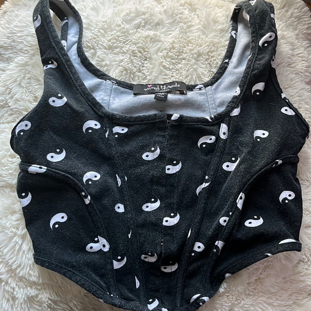 Mixed threads, clip up crop top. Yin and Yang design.